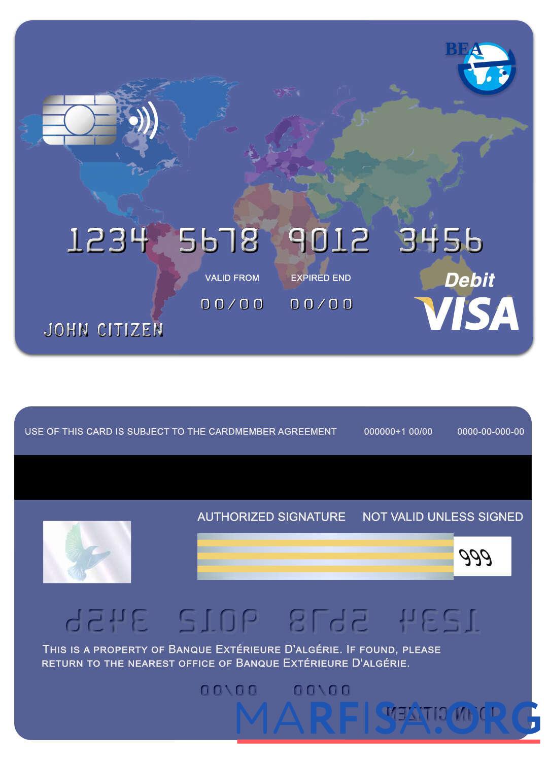 Downloadable Algeria banque extérieure d'algérie visa card real example